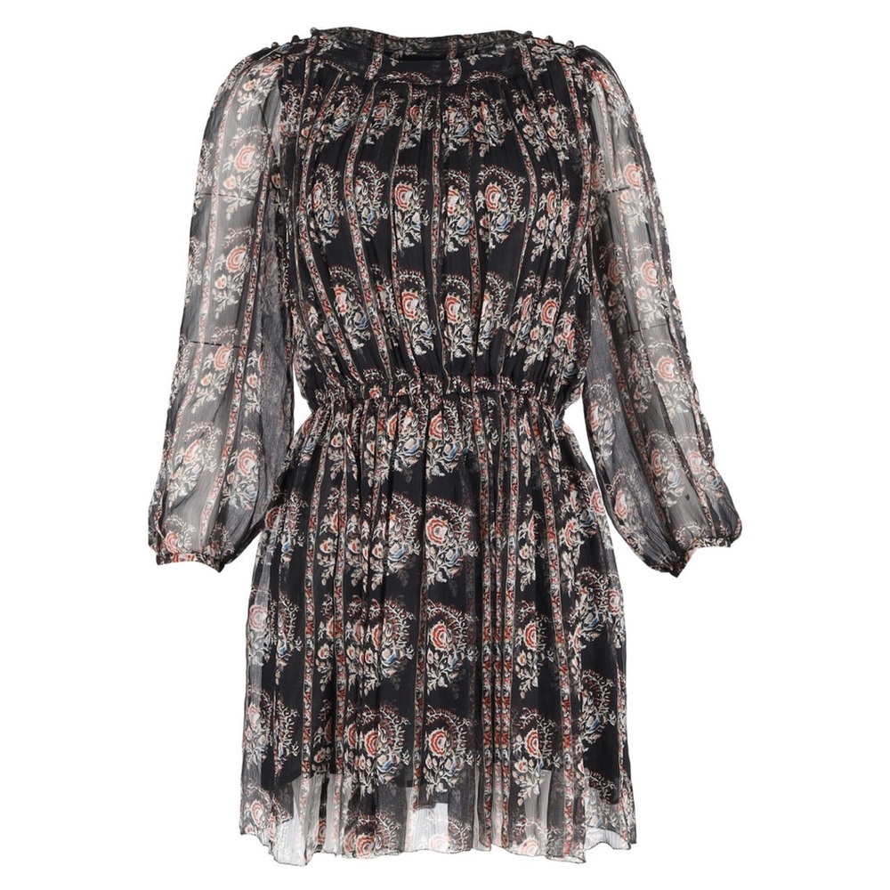 Isabel Marant Black Floral Long Sleeve Pleated Dress